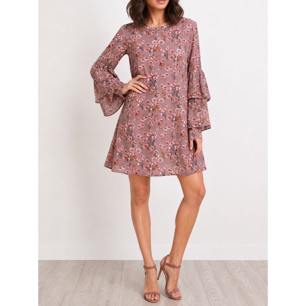 Lulus Day Date Mauve Floral Print Tiered Flounce Sleeve Mini Dress Size Medium